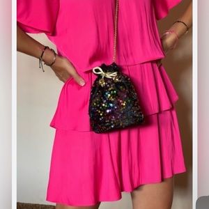 Zara Hot Pink Ruffle Cocktail Dress with Open Back Size L EUC